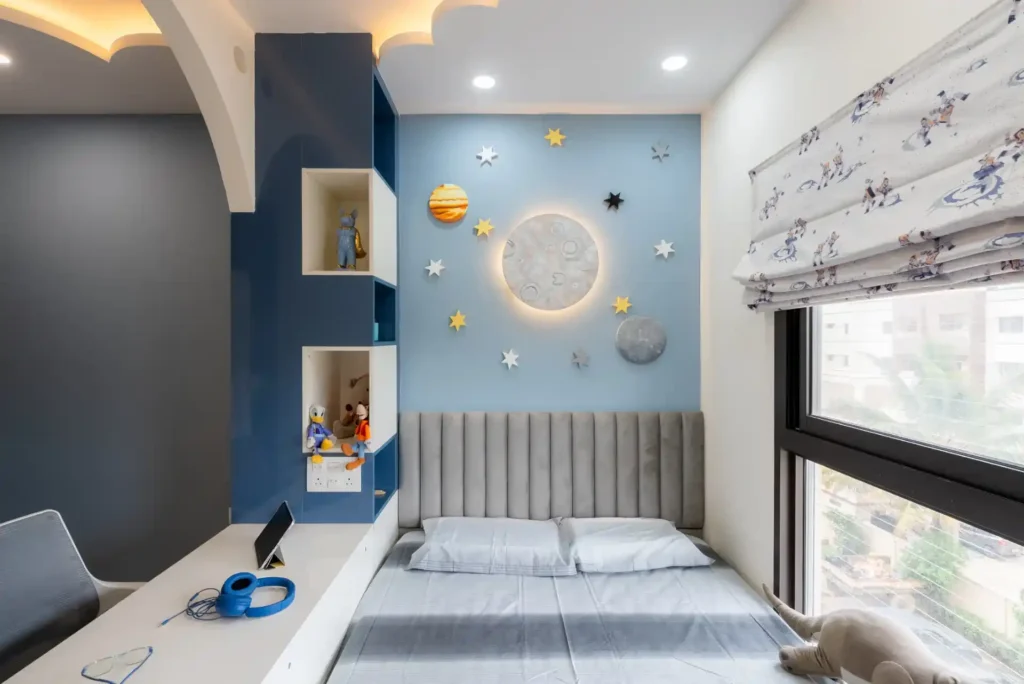 kids bed room interior with moon and stars