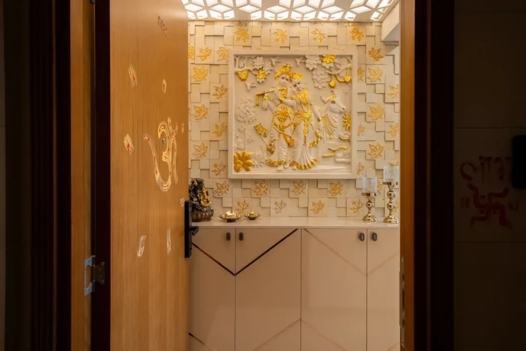 foyer ideas with krishna and radha design on wall