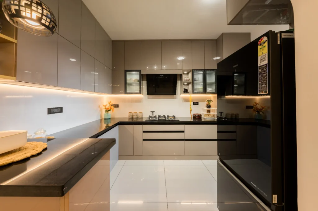 modular kitchen interior design by interior designers in bangalore with sleek cabinetry