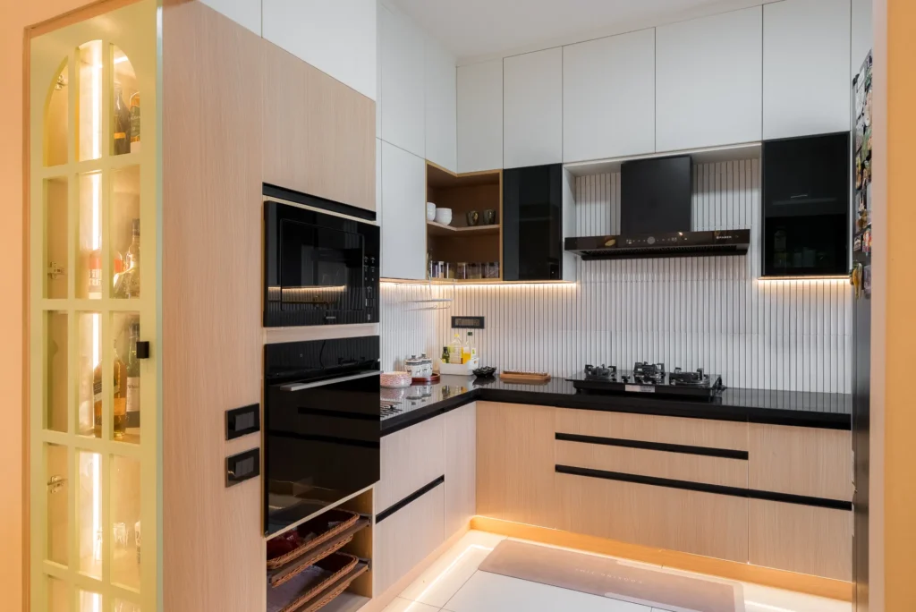 kitchen interior with white and pink cabinets