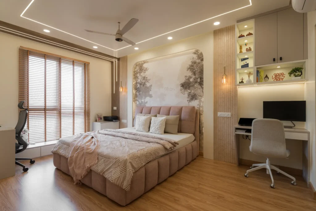 masterbed room interior design wall panel with lightings and workspace besides bed