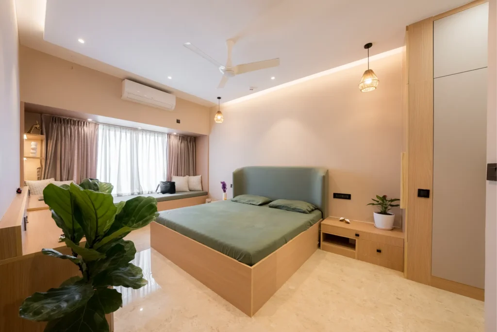 minimal interior design with plant and boxed bed