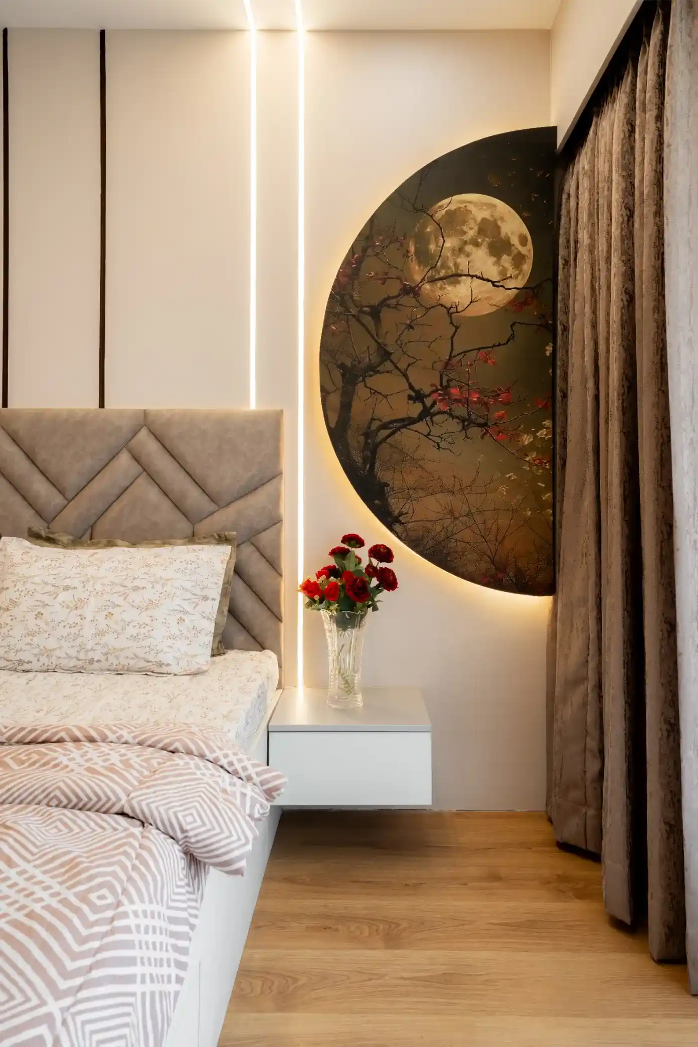 bedroom interior with small side table and painting