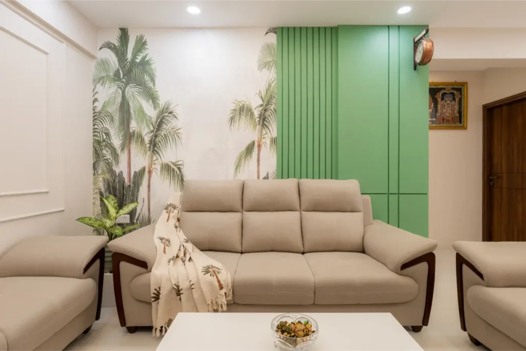 living room design with green wall theme