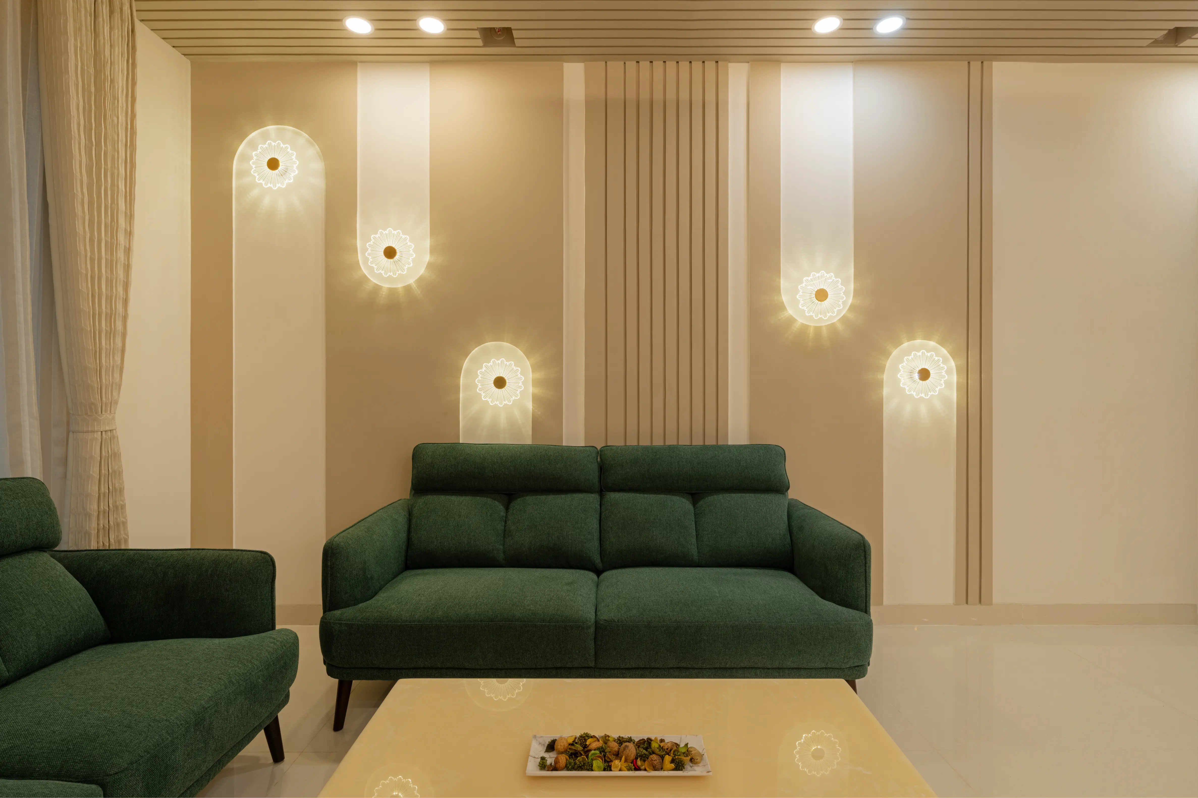 luxury interior design with dark green sofa with wall lightings