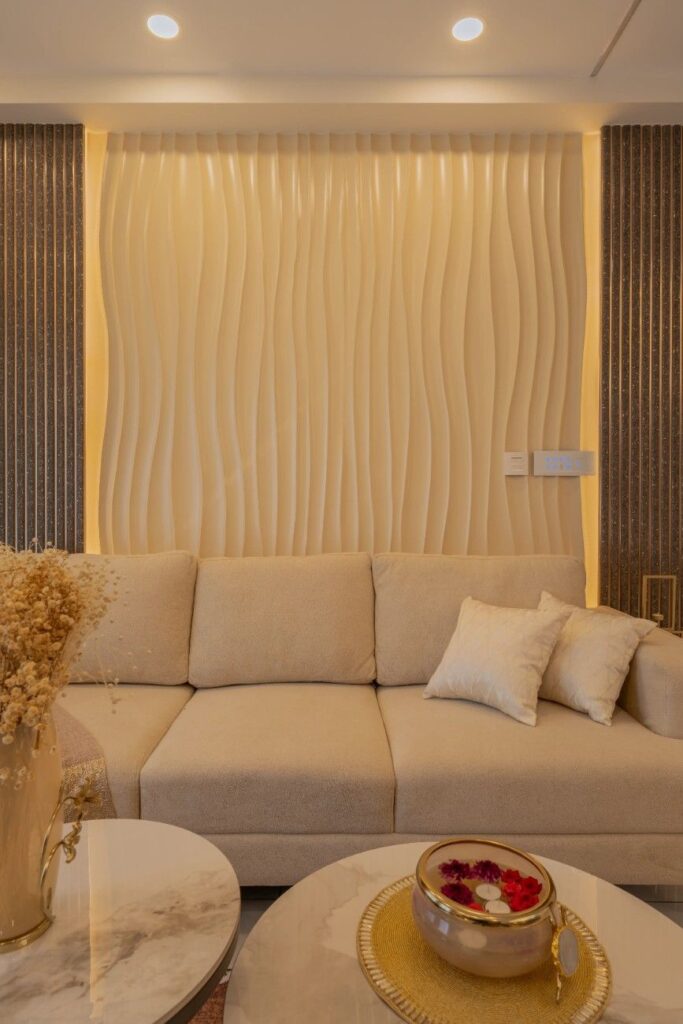 Bangalore living room design with backlit 3D wave wall panel